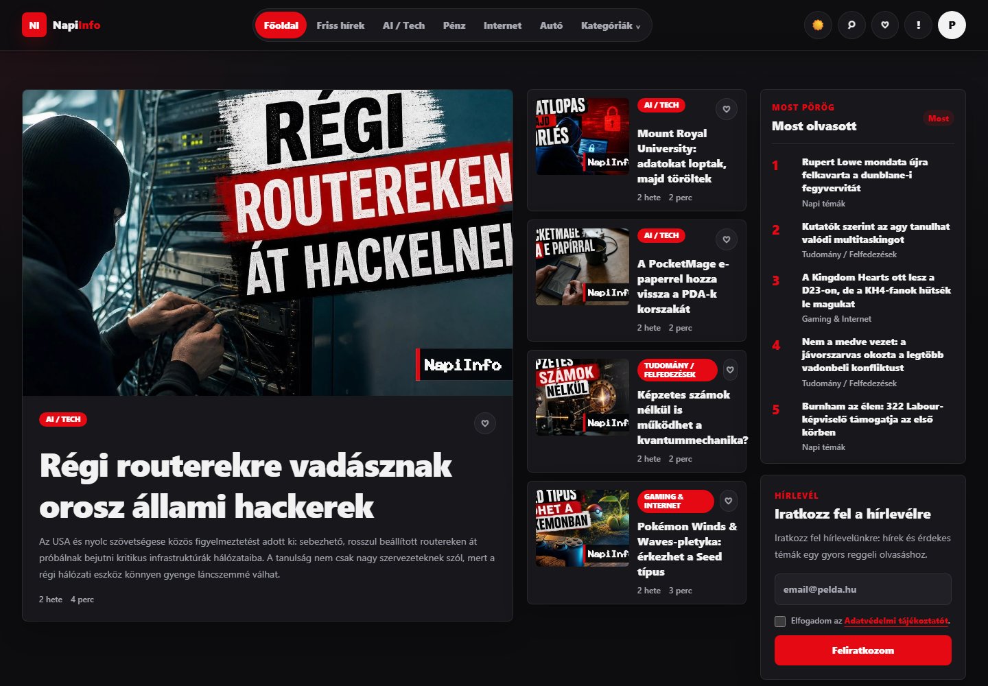 NapiInfo tartalmi portál — asztali képernyőkép