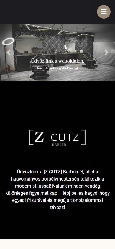 ZCutzBarber mobilos bemutatkozó felület — képernyőkép